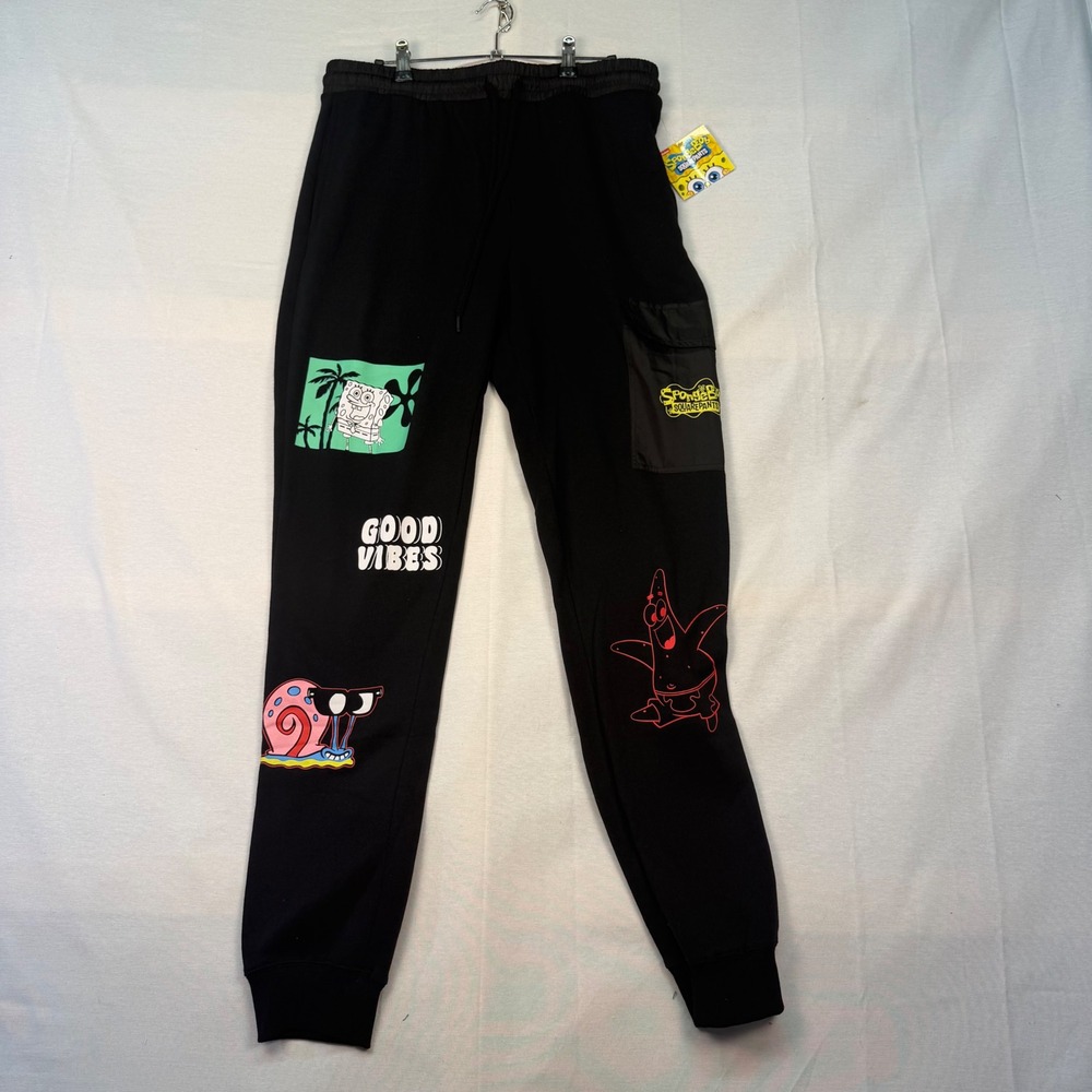 Nickelodeon SpongeBob SquarePants Mens Black Graphic Cargo Jogger Pants Medium